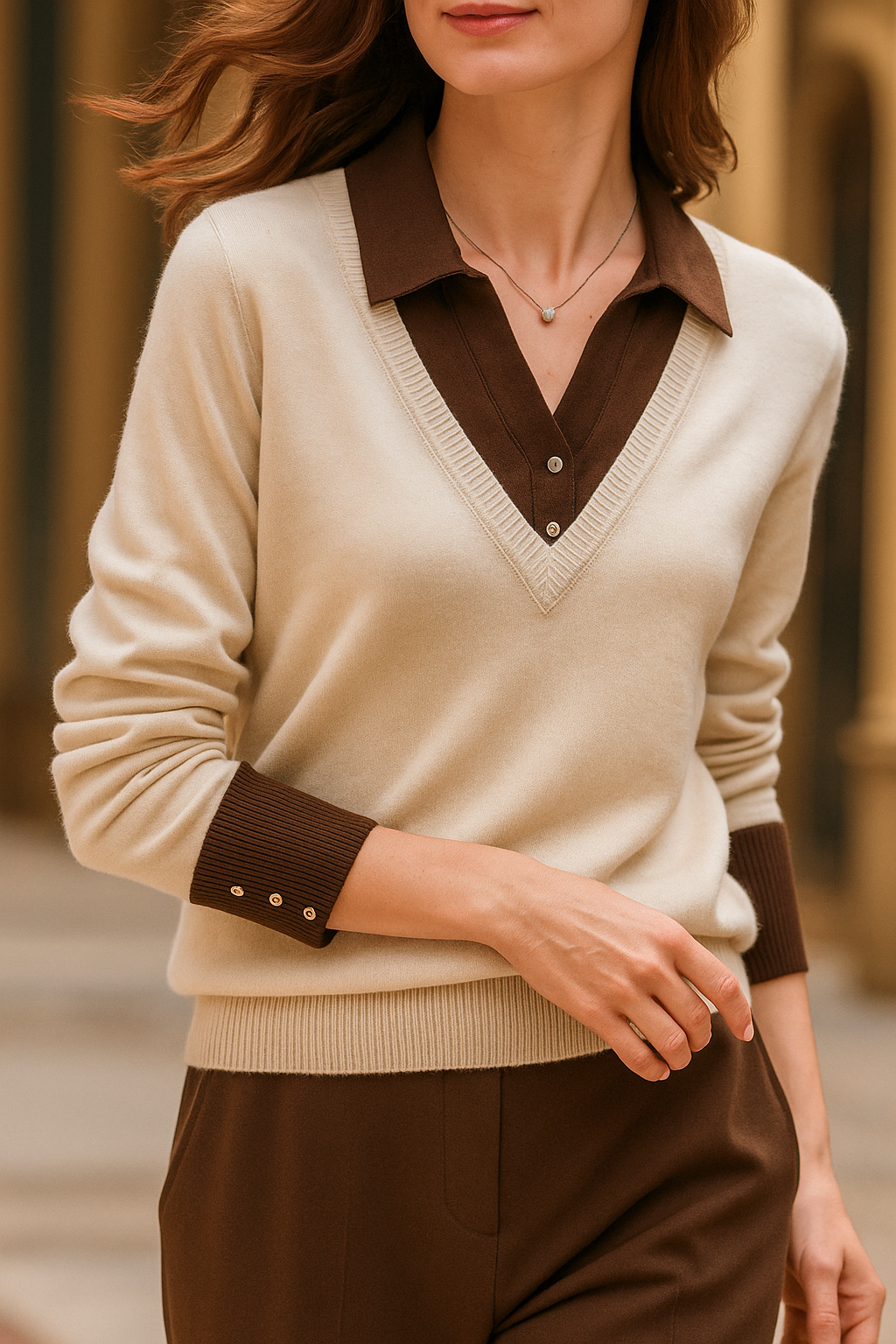 Women's Layered-Look Knit Sweater – Contrast Button Cuffs