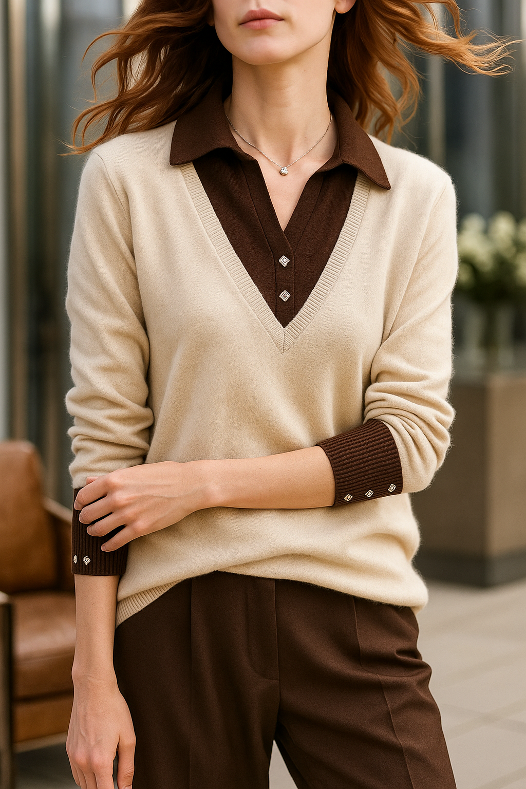 Women's Layered-Look Knit Sweater – Contrast Button Cuffs