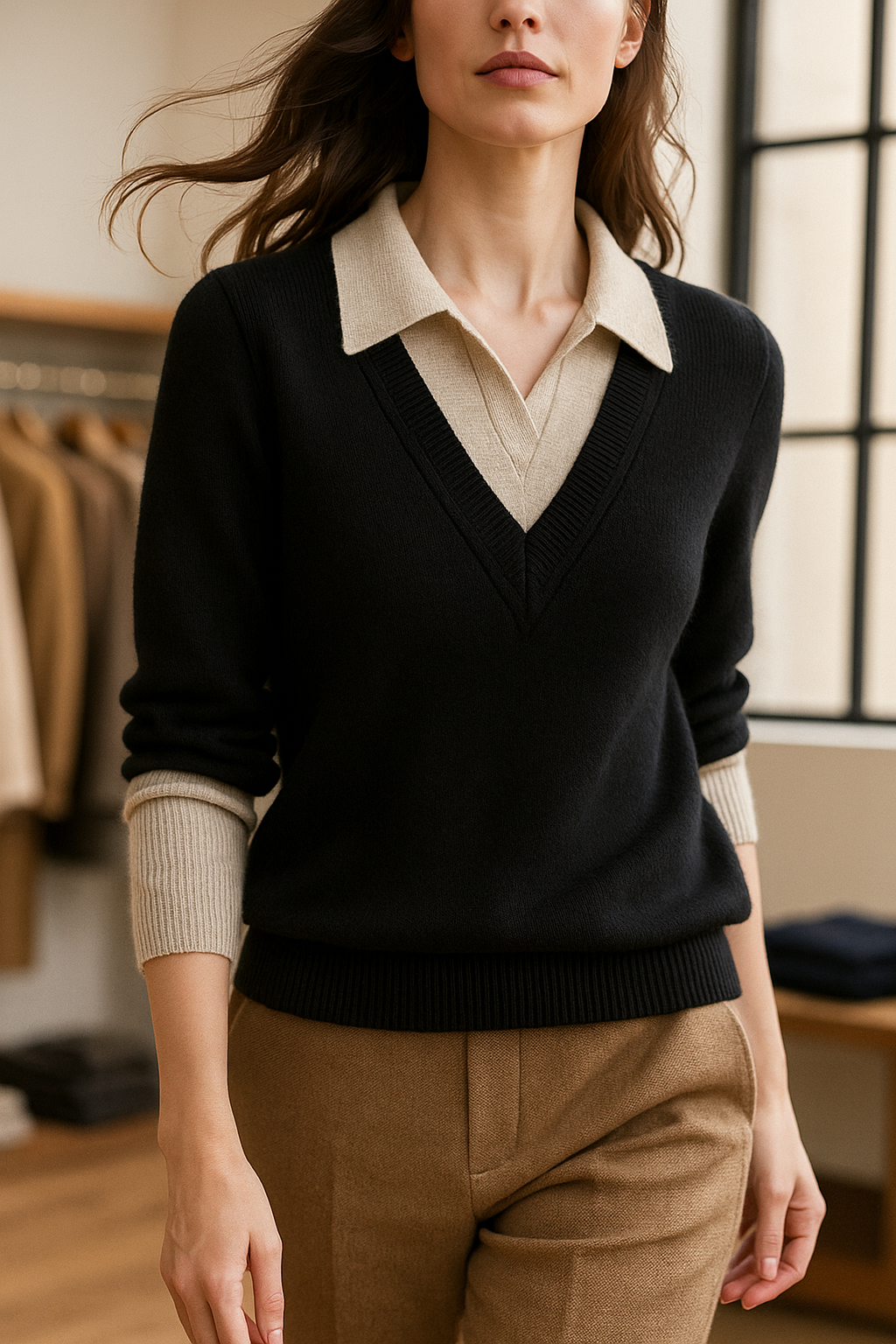 Women's Layered-Look Knit Sweater – Contrast Button Cuffs