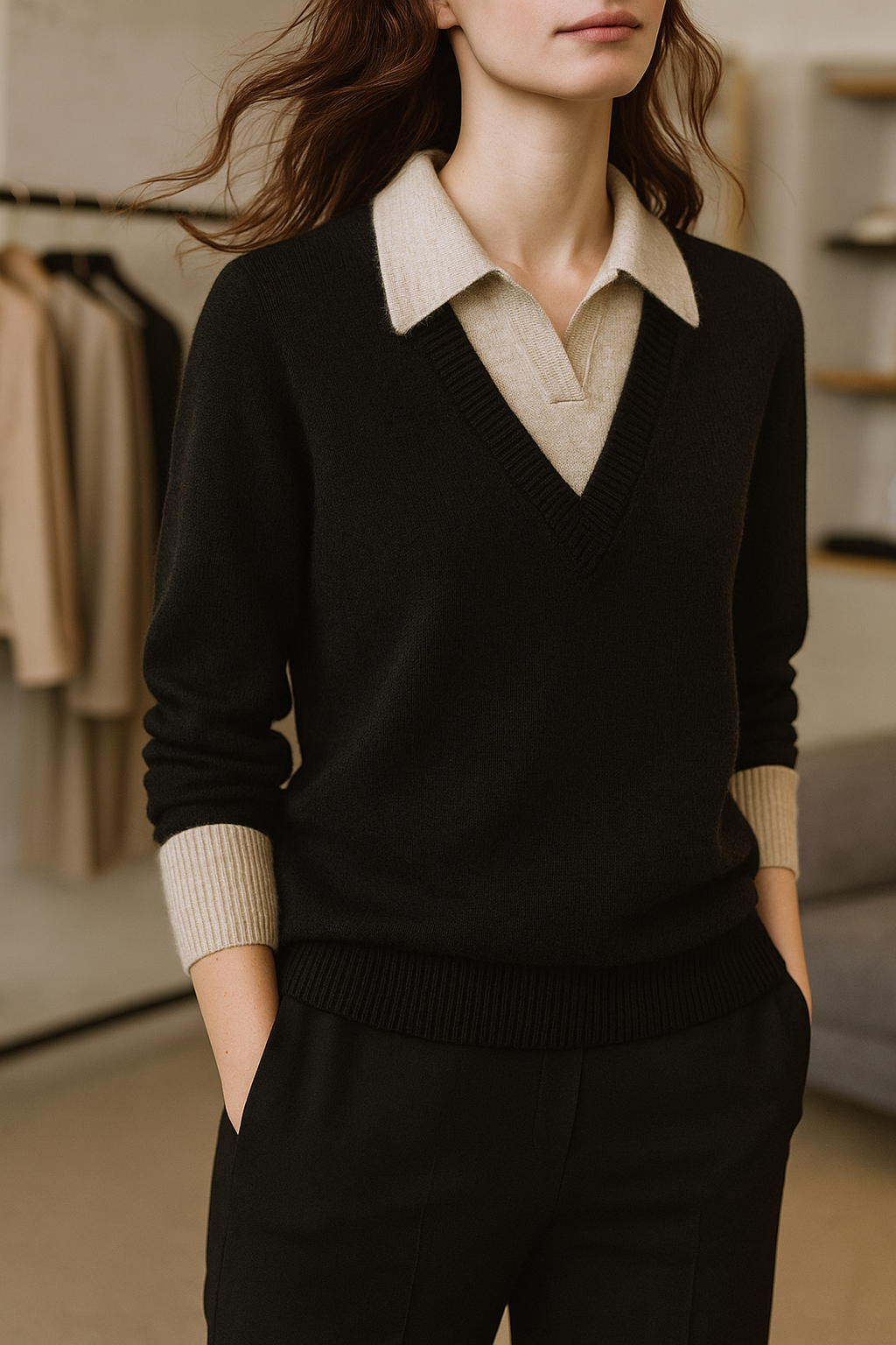 Women's Layered-Look Knit Sweater – Contrast Button Cuffs