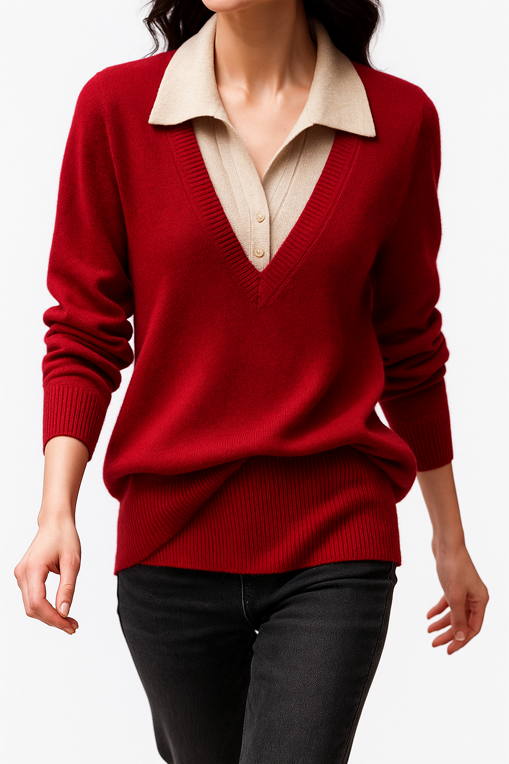 Women's Layered-Look Knit Sweater – Contrast Button Cuffs
