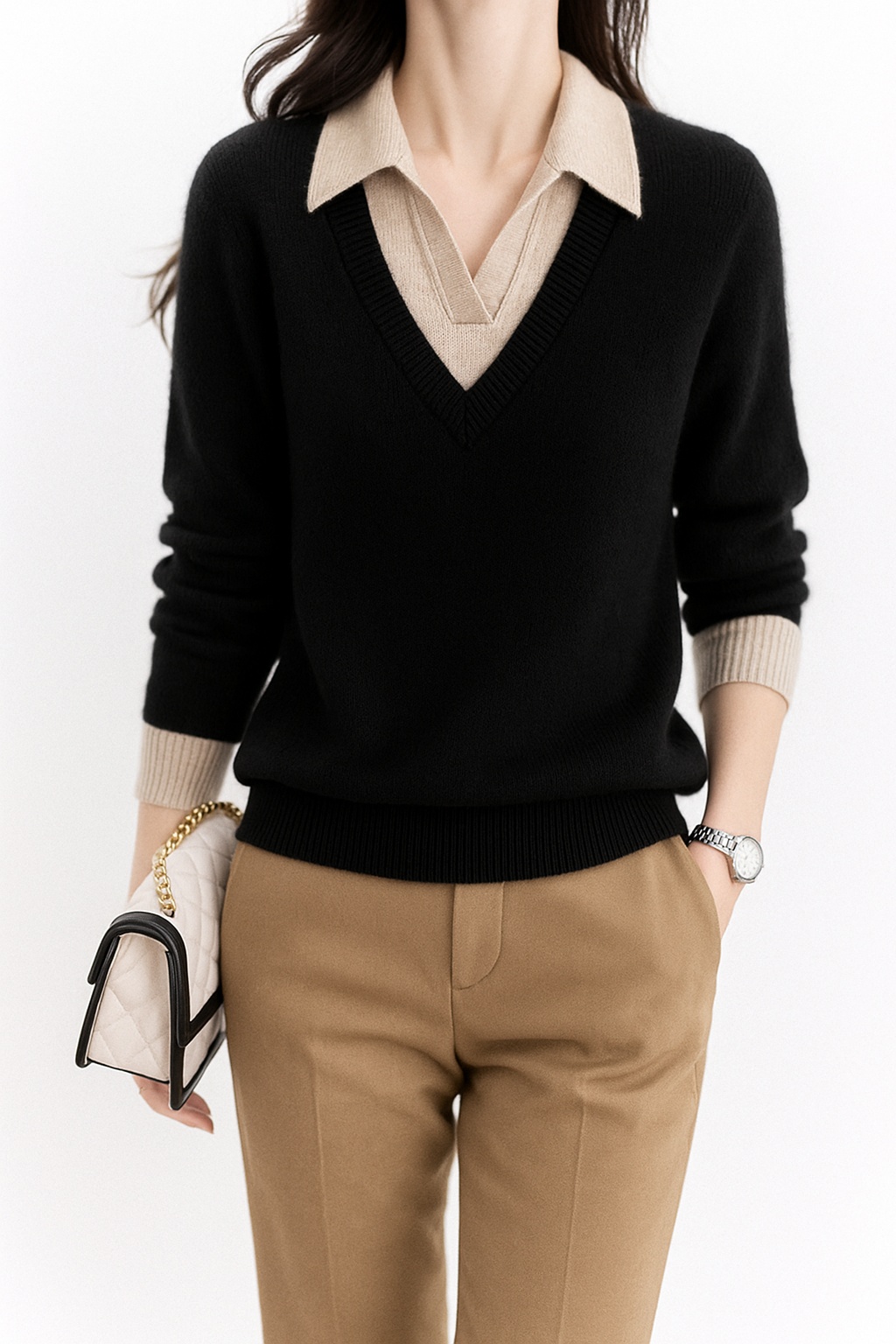 Women's Layered-Look Knit Sweater – Contrast Button Cuffs