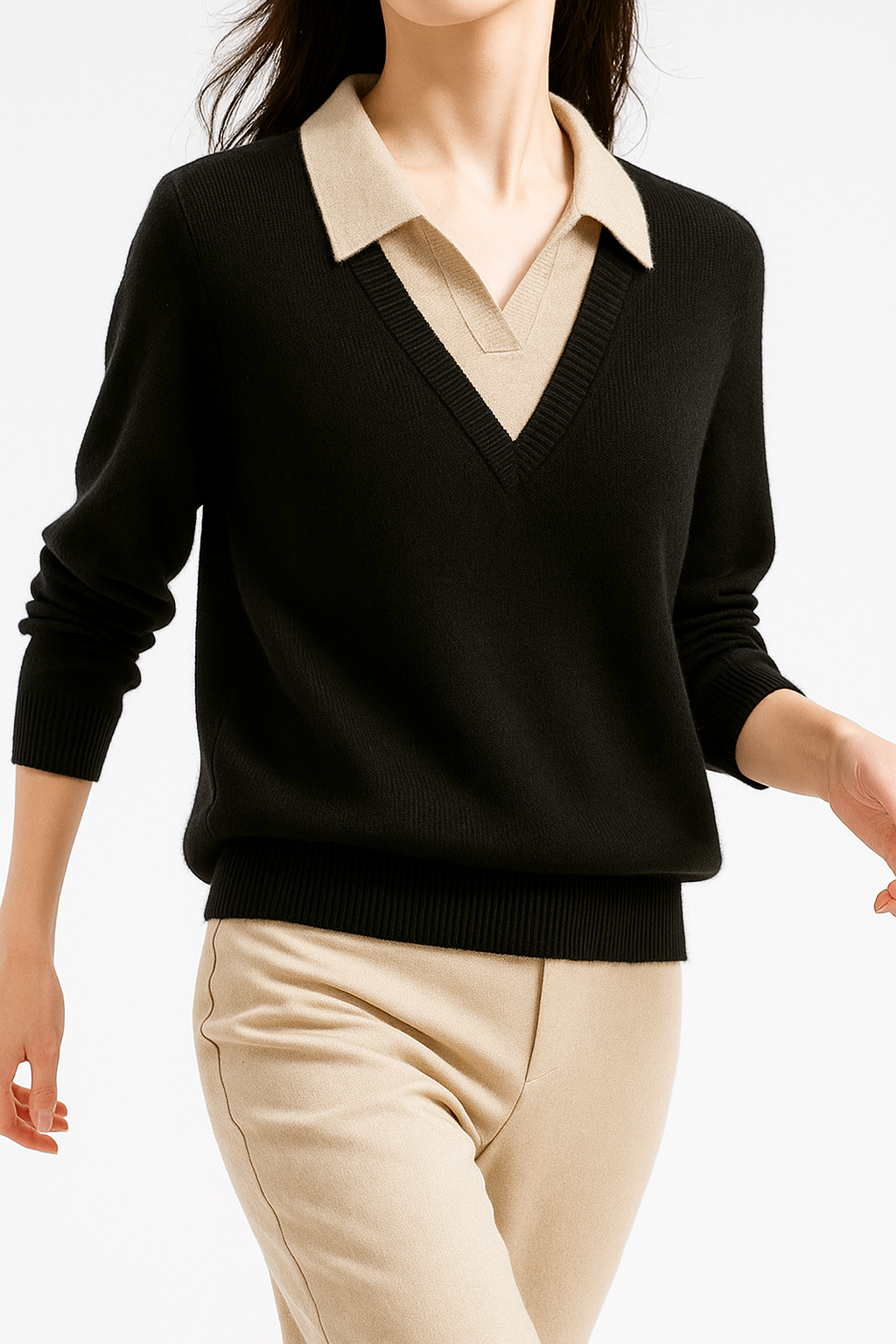 Women's Layered-Look Knit Sweater – Contrast Button Cuffs