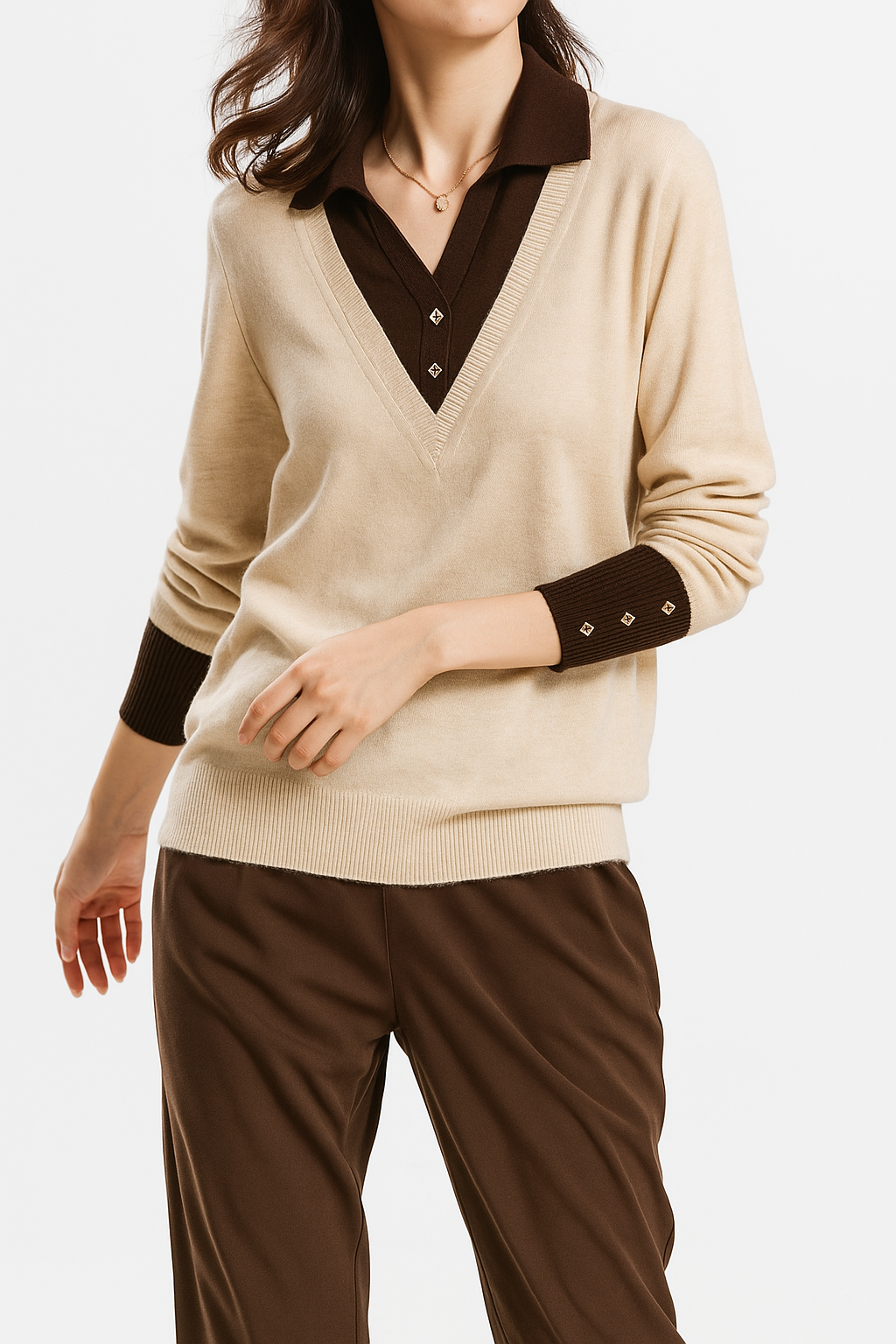 Women's Layered-Look Knit Sweater – Contrast Button Cuffs