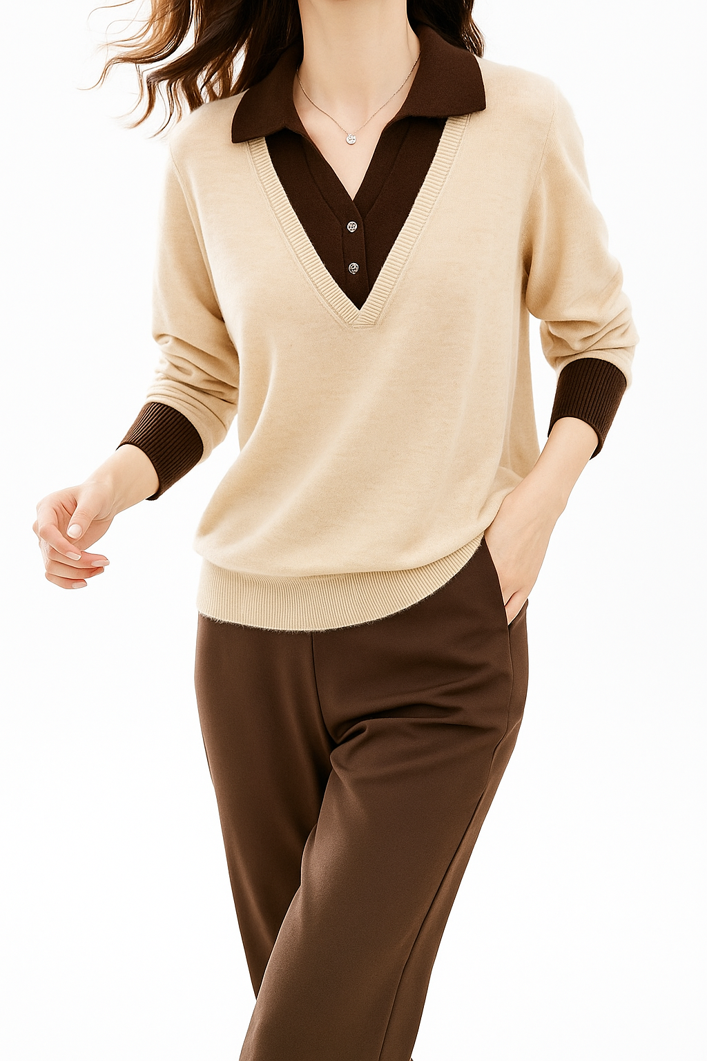 Women's Layered-Look Knit Sweater – Contrast Button Cuffs