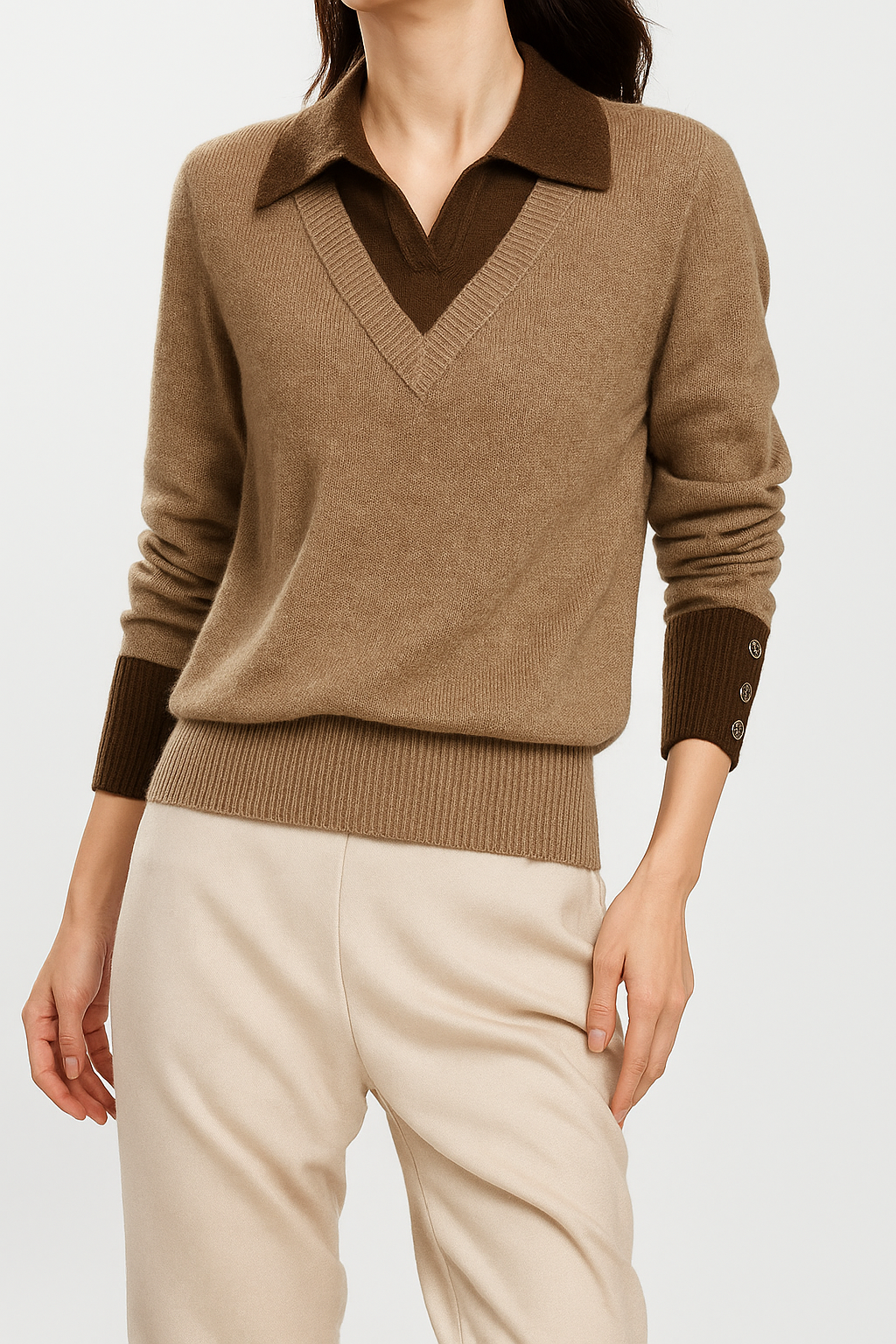 Women's Layered-Look Knit Sweater – Contrast Button Cuffs