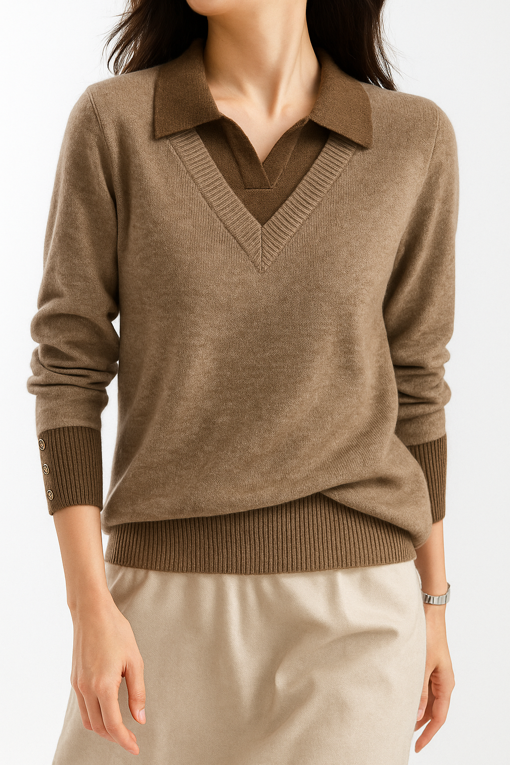 Women's Layered-Look Knit Sweater – Contrast Button Cuffs