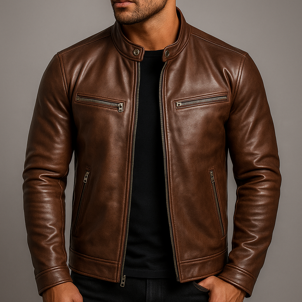 Men's Leather Jacket – Stand Collar Zip Front