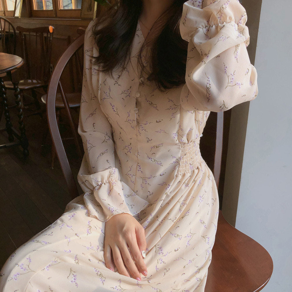 Women's Floral Chiffon Maxi Dress – Long Sleeve Relaxed Fit