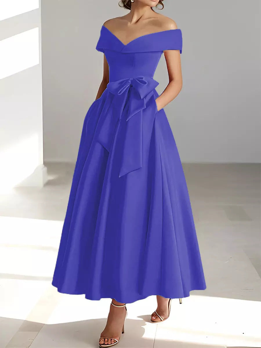 Women's Satin A-Line Dress – Off-Shoulder Ankle Length