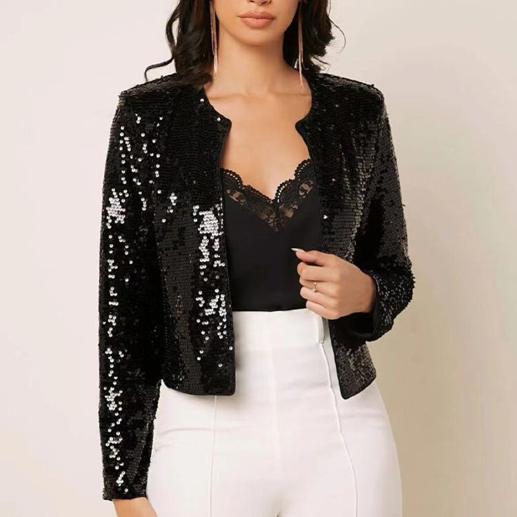 Women's Sequin Blazer – Cropped Open-Front Fit