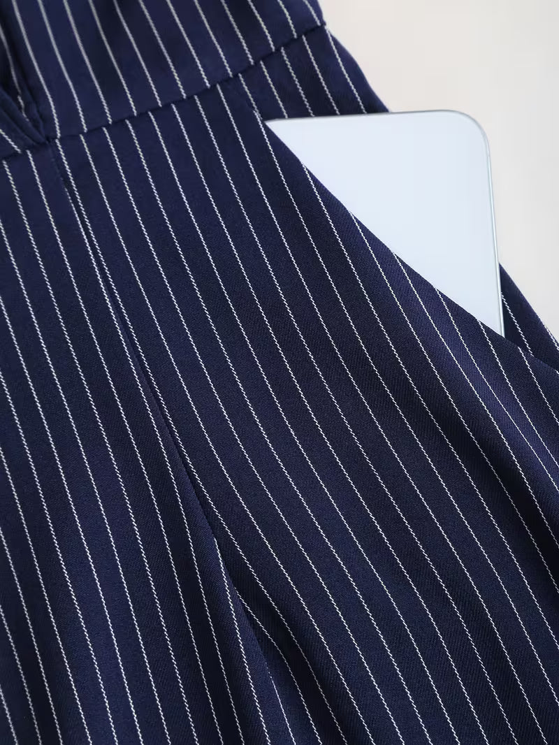 Women's Pinstripe Pencil Midi Dress – Belted Notched Lapel