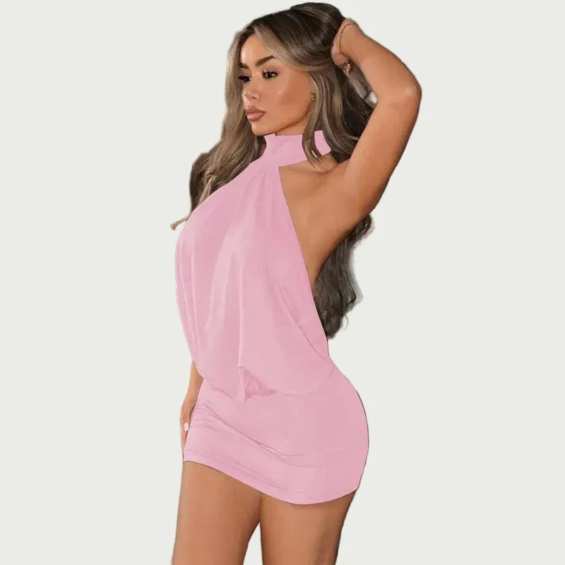 Women's Backless Mini Dress – Draped Halter Neck