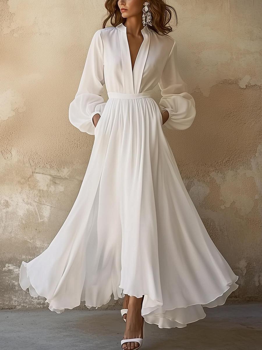 Women's Long Sleeve Maxi Dress – V-Neck Defined Waist