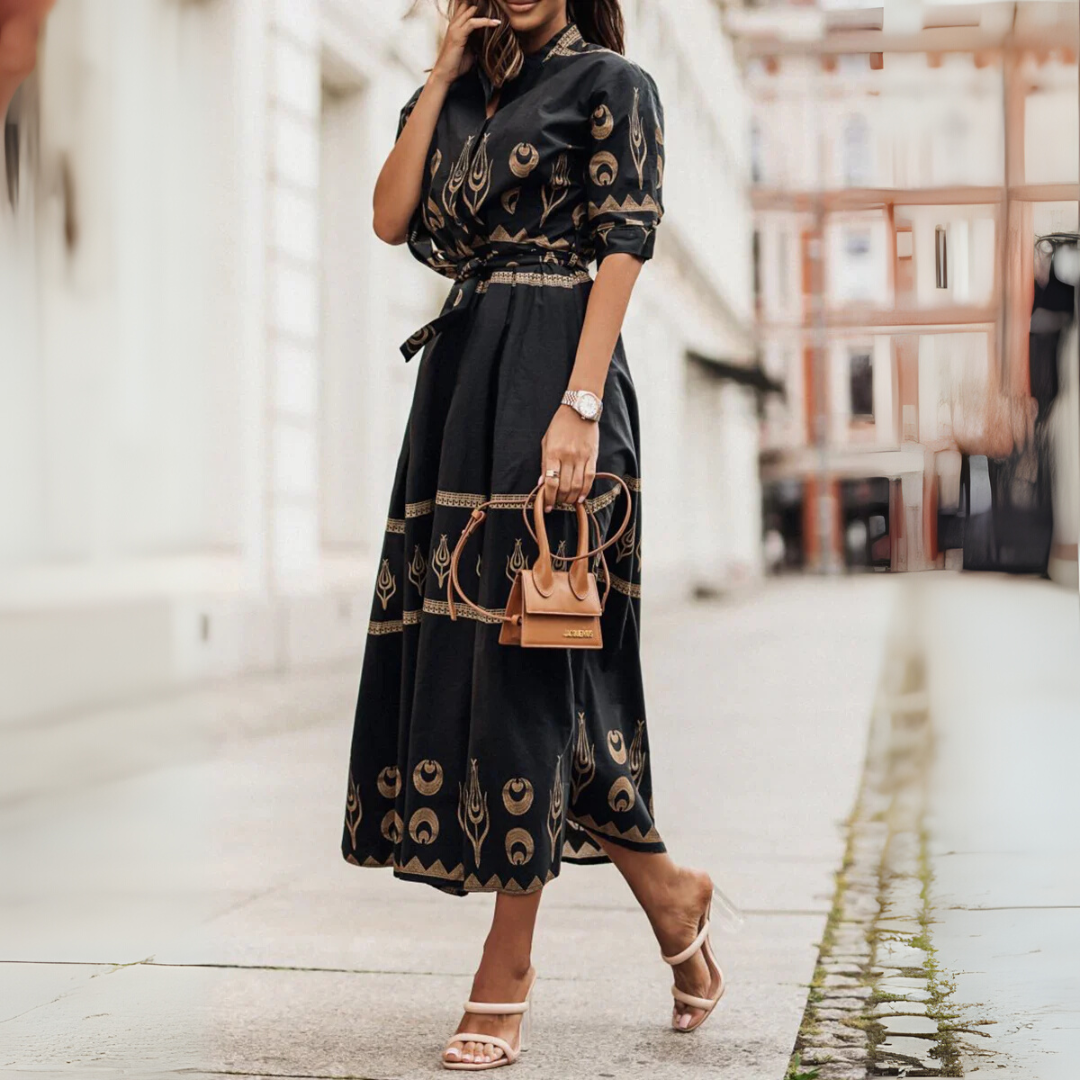 Women's Cotton A-Line Midi Dress – Short Sleeve Tie Waist