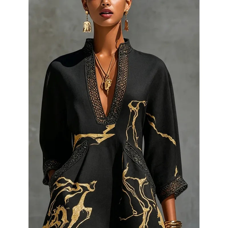 Women's Lace-Trim Mini Dress – V-Neck Three-Quarter Sleeve