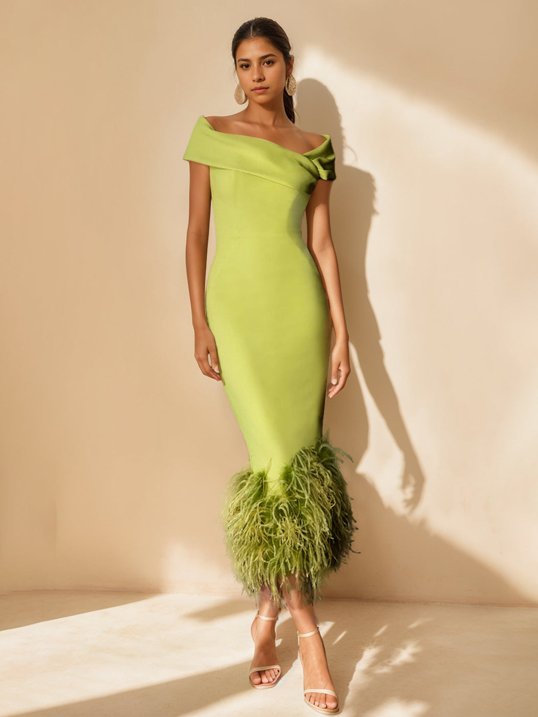 Women's Stretch Satin Sheath Dress – Feather Trim Off-Shoulder