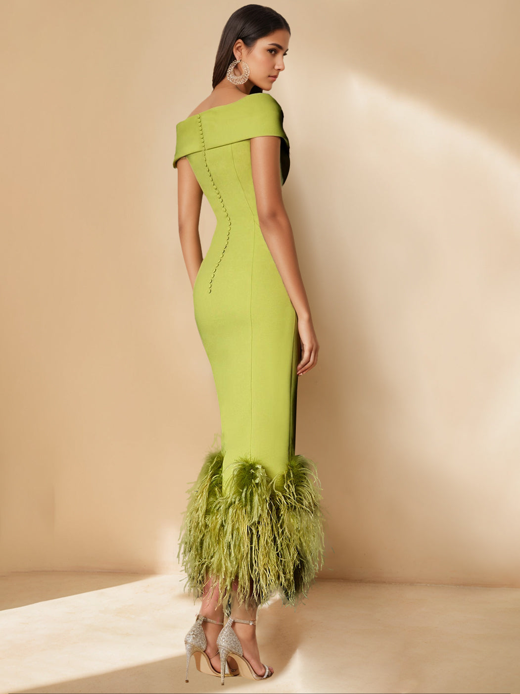 Women's Stretch Satin Sheath Dress – Feather Trim Off-Shoulder
