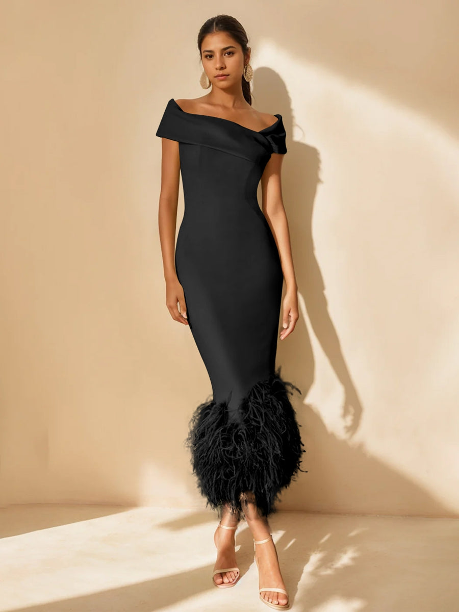 Women's Stretch Satin Sheath Dress – Feather Trim Off-Shoulder