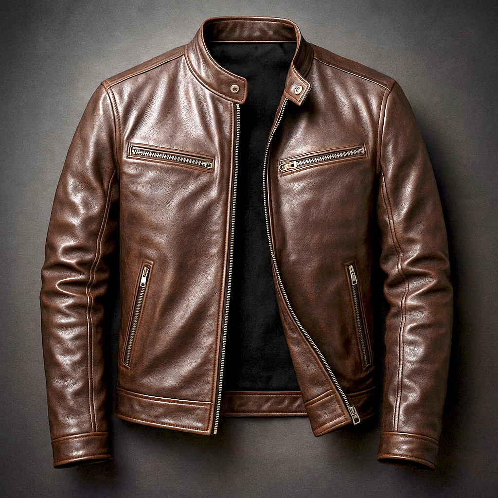 Men's Leather Jacket – Stand Collar Zip Front