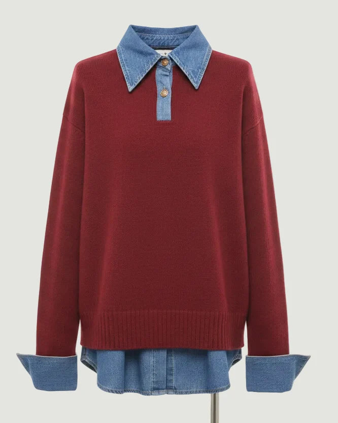 Women's Layered-Look Knit Sweater – Denim-Style Shirt Collar