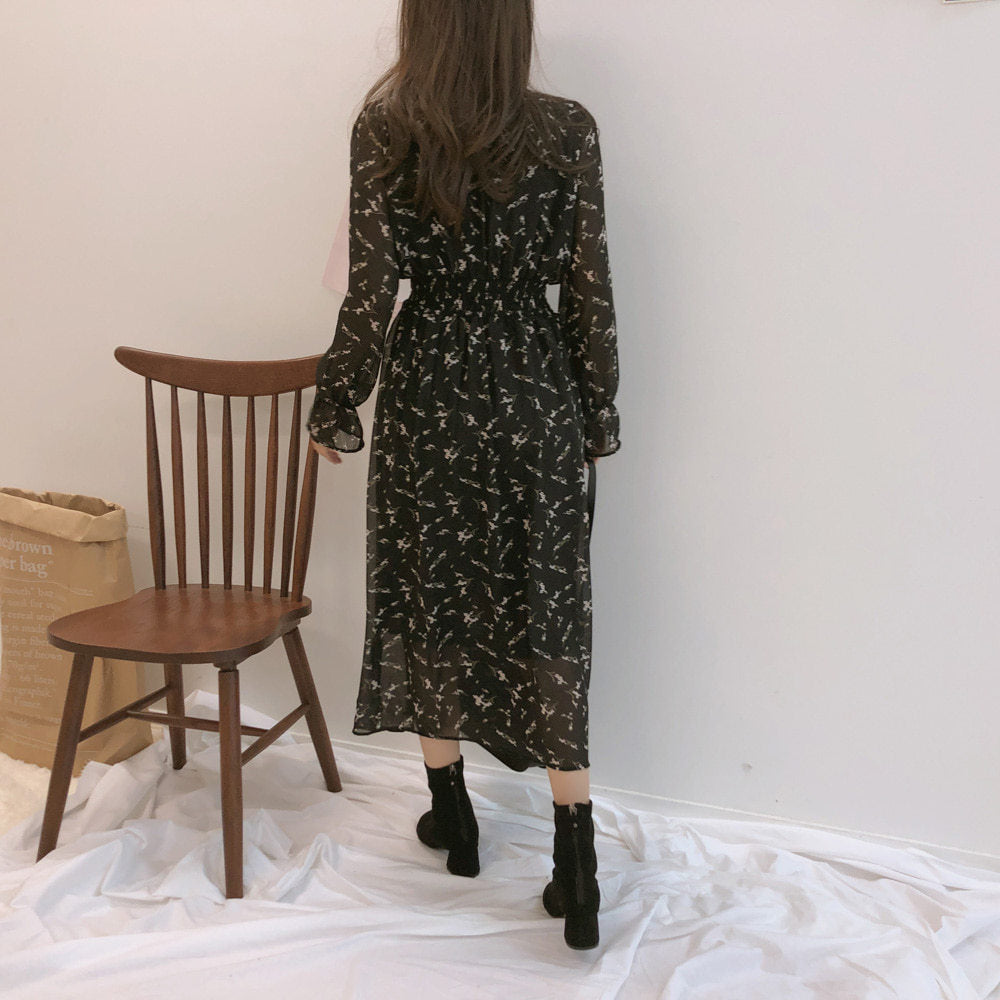 Women's Floral Chiffon Maxi Dress – Long Sleeve Relaxed Fit