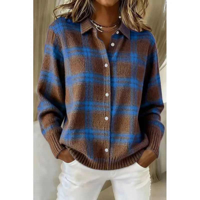 Women's Plaid Shirt – Loose Long-Sleeve Lapel Cut