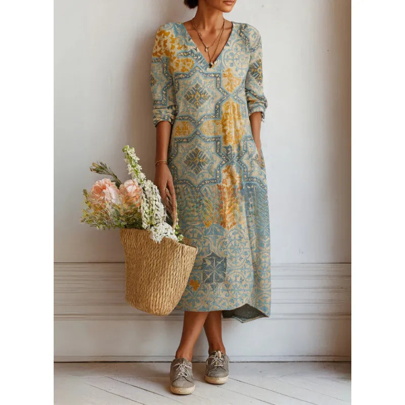 Women's Printed Midi Dress – Mosaic V-Neck Relaxed Fit
