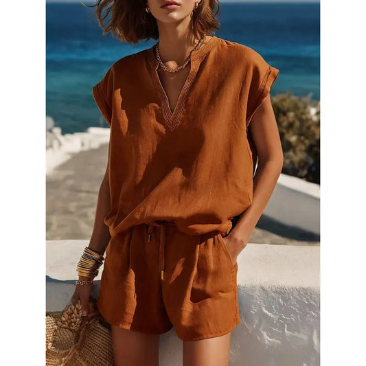 Women's Two-Piece Shorts Set – V-Neck Piped Top