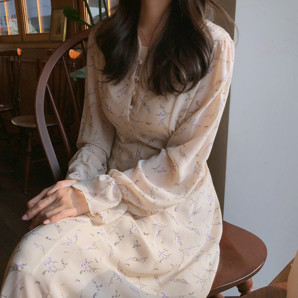 Women's Floral Chiffon Maxi Dress – Long Sleeve Relaxed Fit