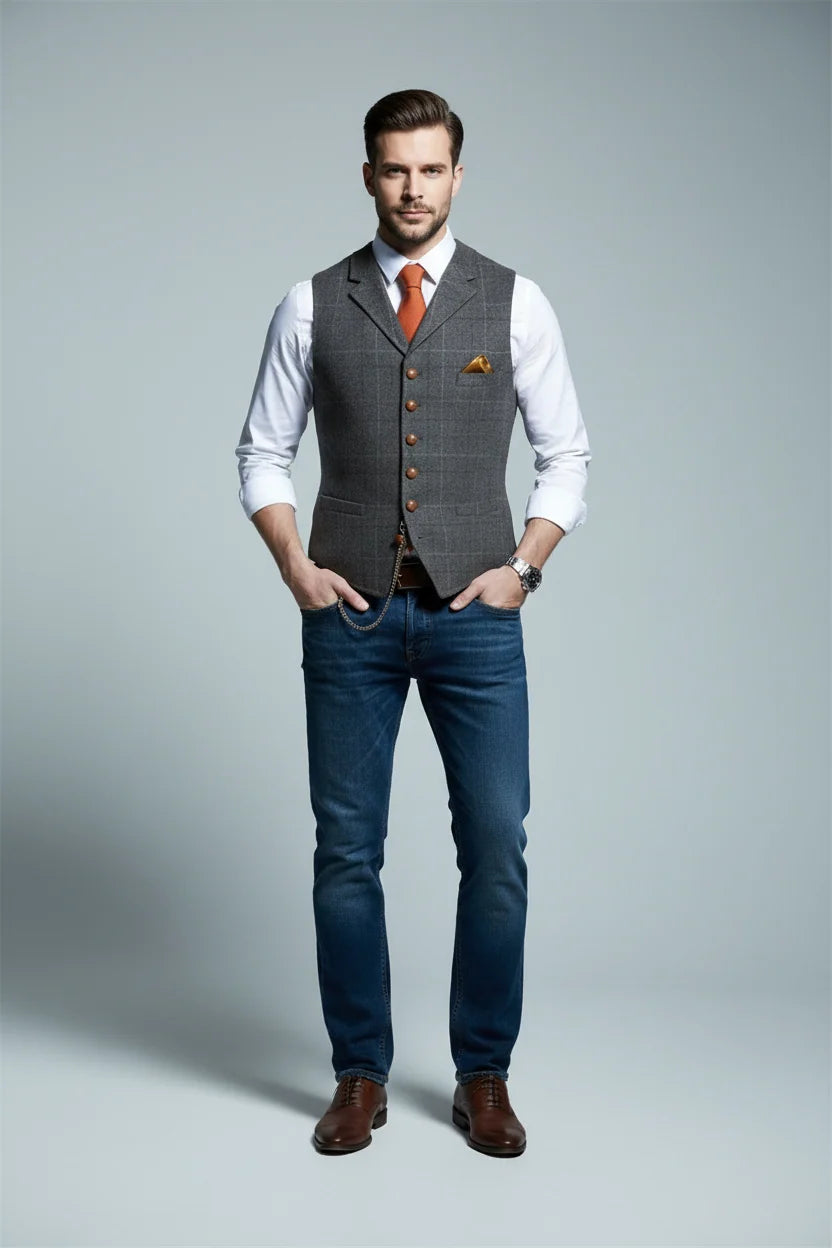 Men's Slim Check Vest – Lapel Collar Detail