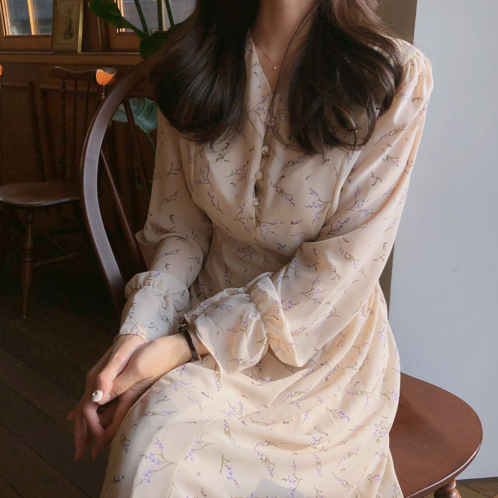 Women's Floral Chiffon Maxi Dress – Long Sleeve Relaxed Fit