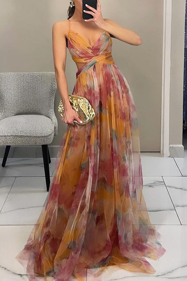 Women's Floral Mesh Maxi Dress – Fitted Bodice Tiered Skirt