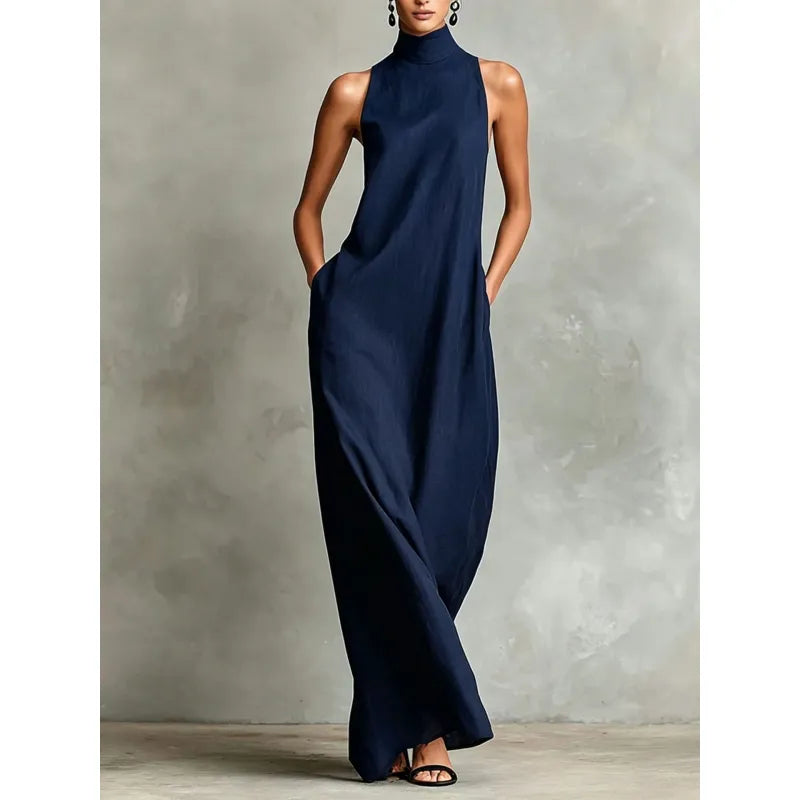 Women's Sleeveless Maxi Dress – Mock Neck with Pockets
