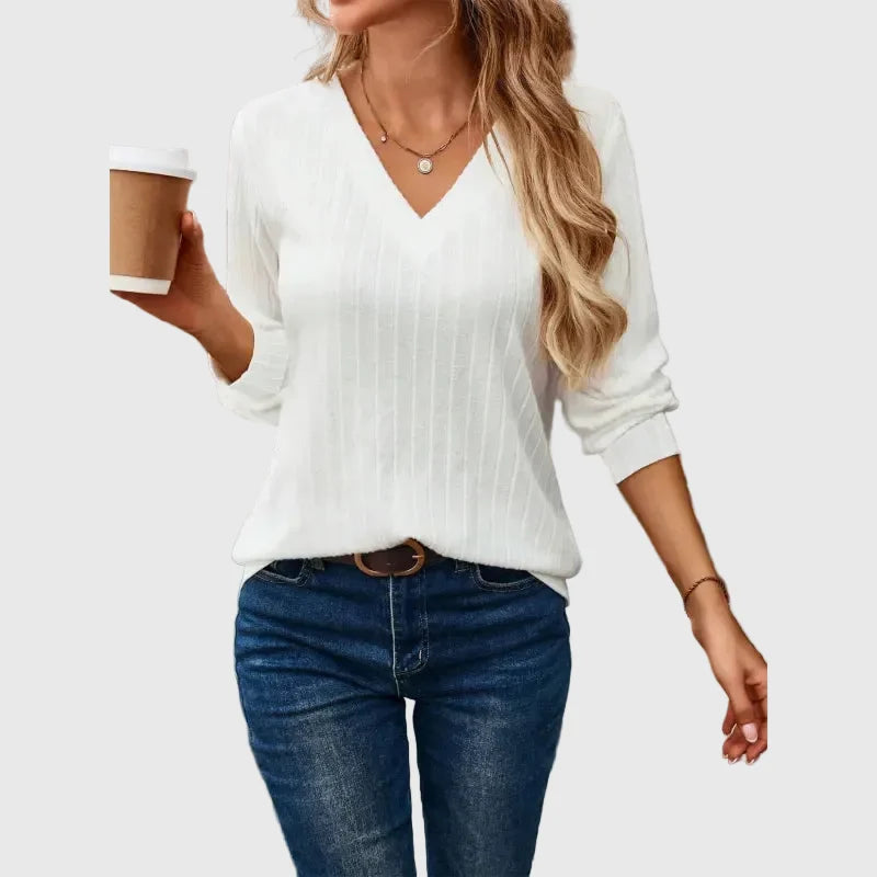 Women's V-Neck Knit Top – Brushed Rib Stripe
