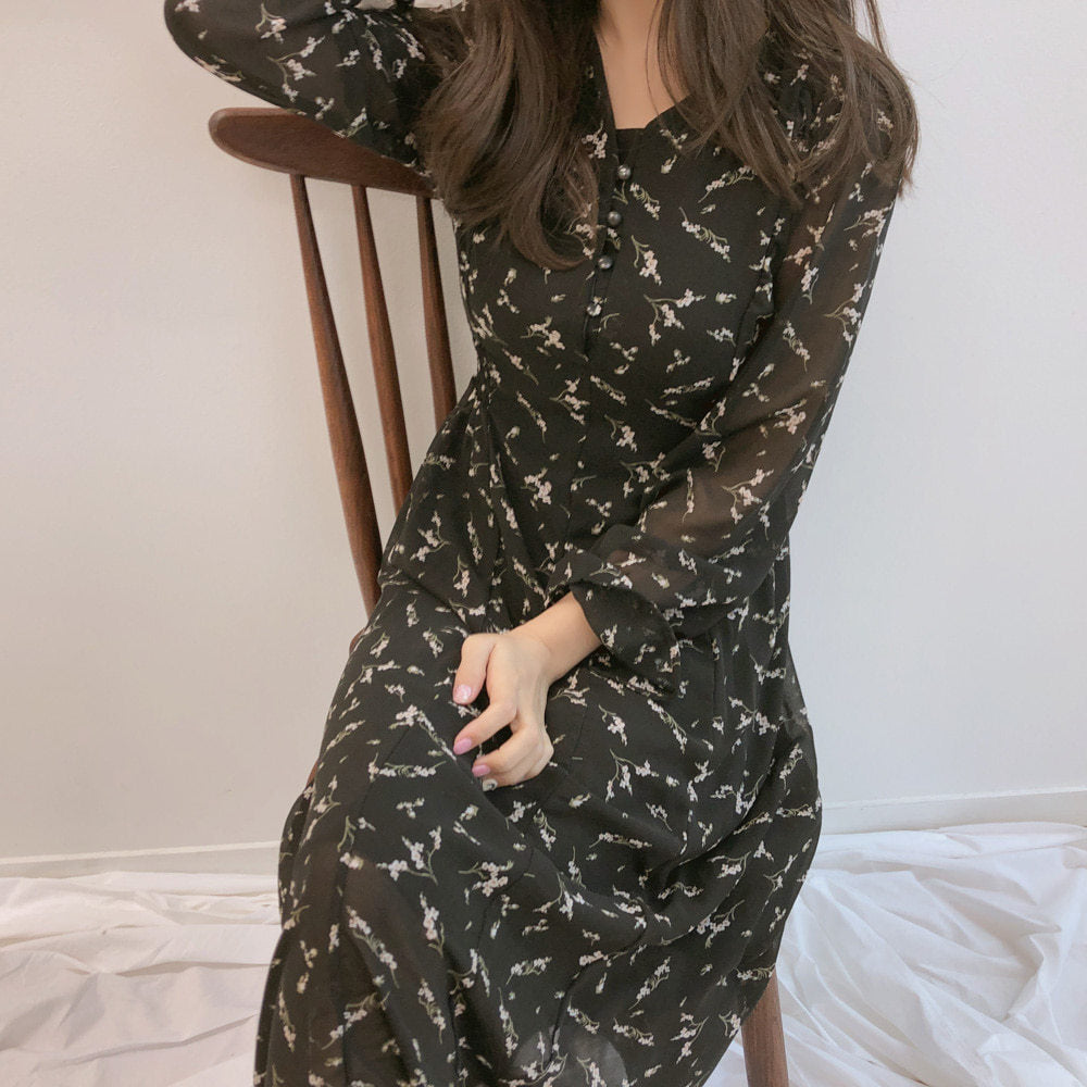 Women's Floral Chiffon Maxi Dress – Long Sleeve Relaxed Fit