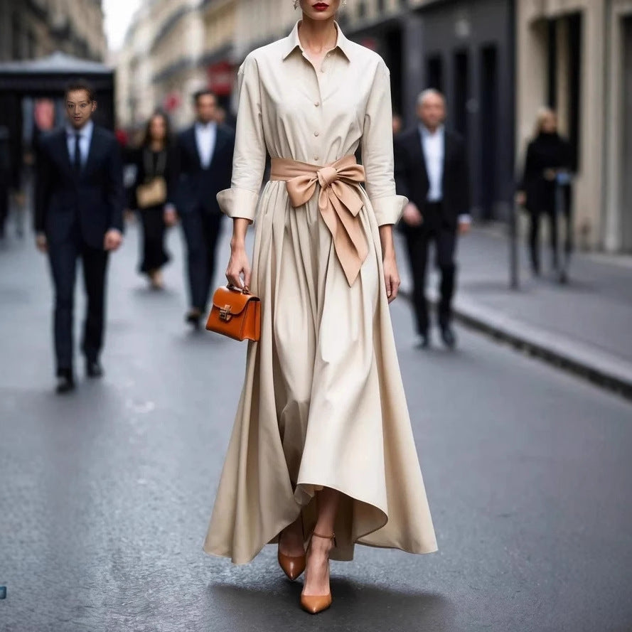 Women's Midi Shirt Dress – Tie-Belt A-Line Skirt