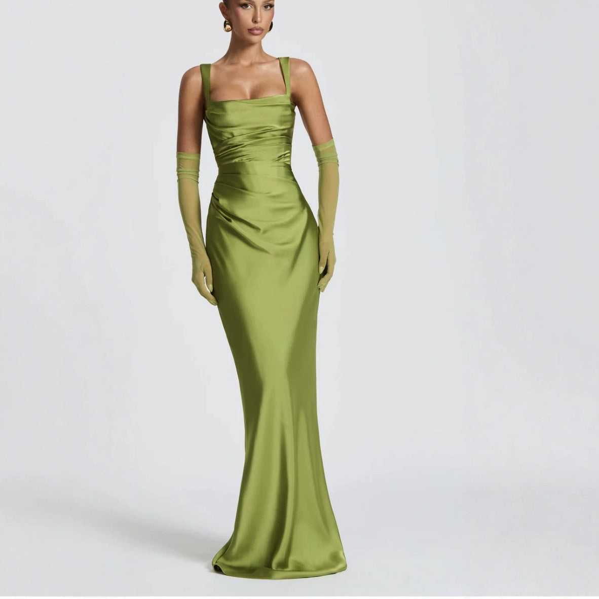 Women's Satin Maxi Dress – Draped Waist Detail