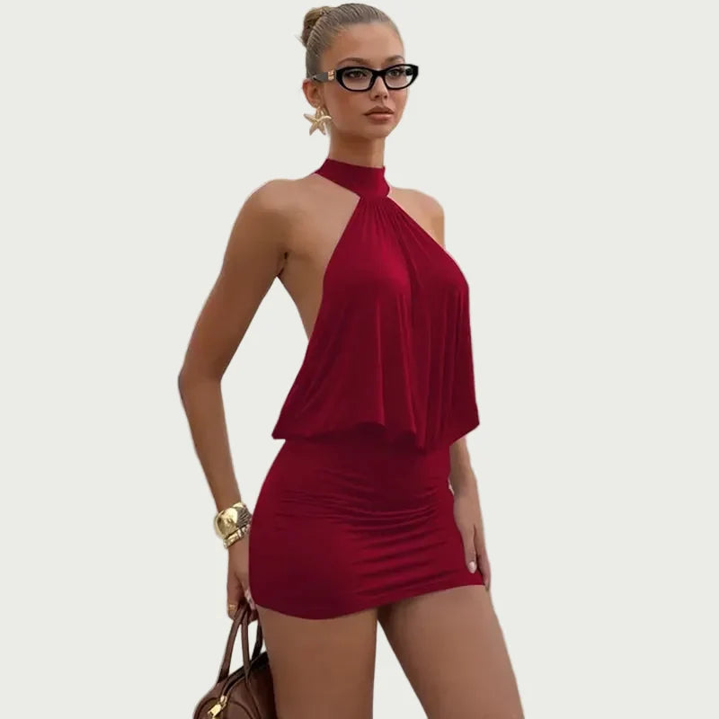 Women's Backless Mini Dress – Draped Halter Neck