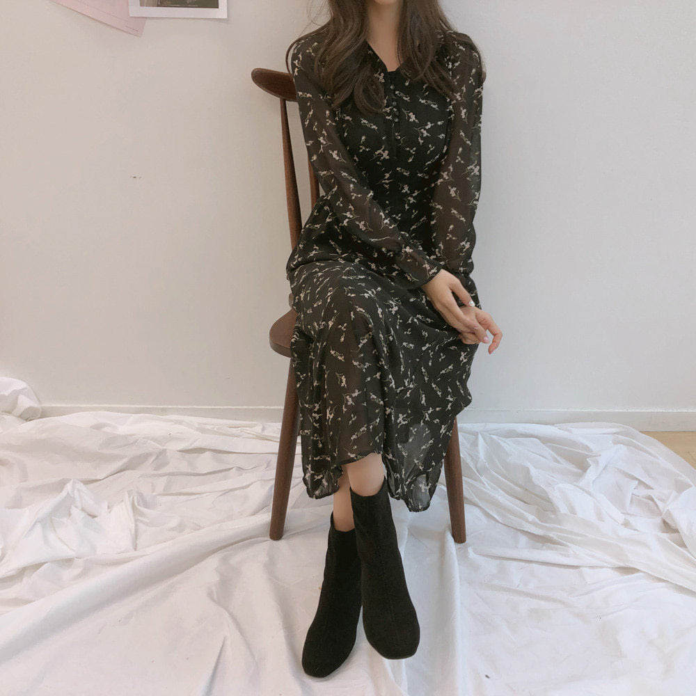 Women's Floral Chiffon Maxi Dress – Long Sleeve Relaxed Fit