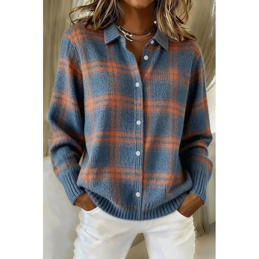 Women's Plaid Shirt – Loose Long-Sleeve Lapel Cut