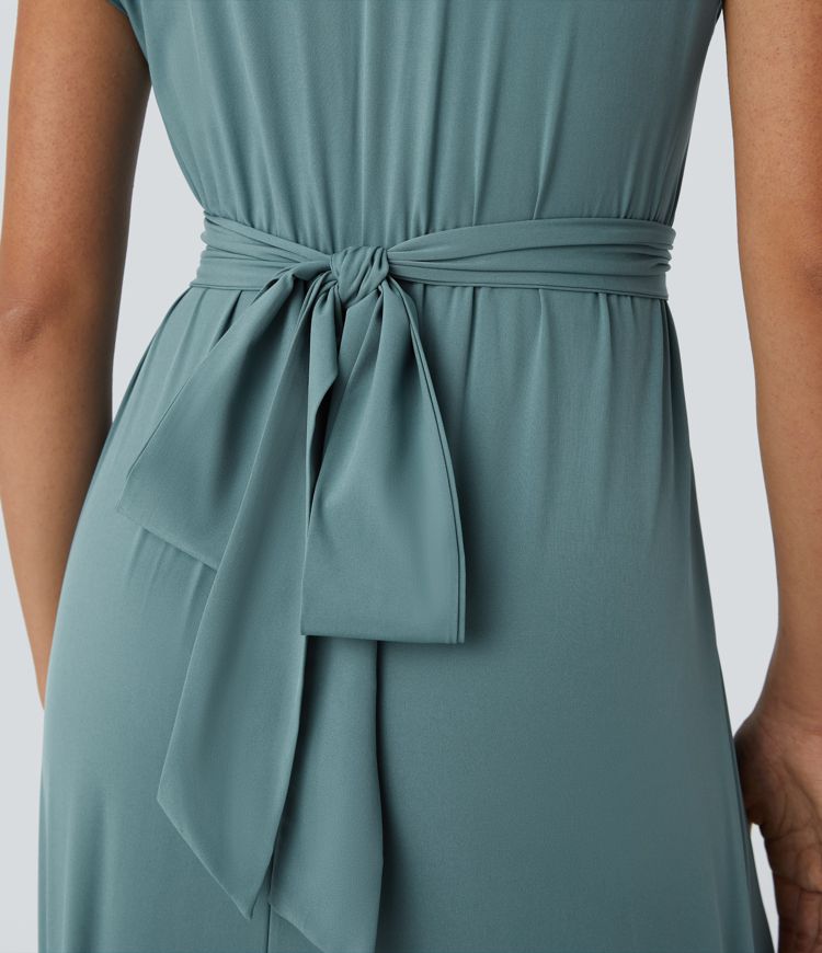 Women's V-Neck Midi Dress – Elastic Waist Flared Fit