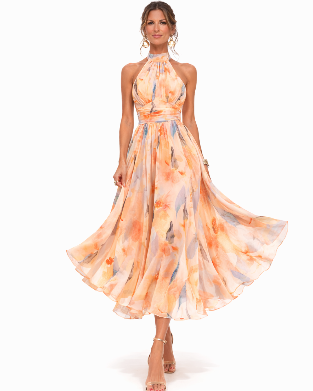 Women's Printed Halterneck Midi Dress – Gathered Tie Neck