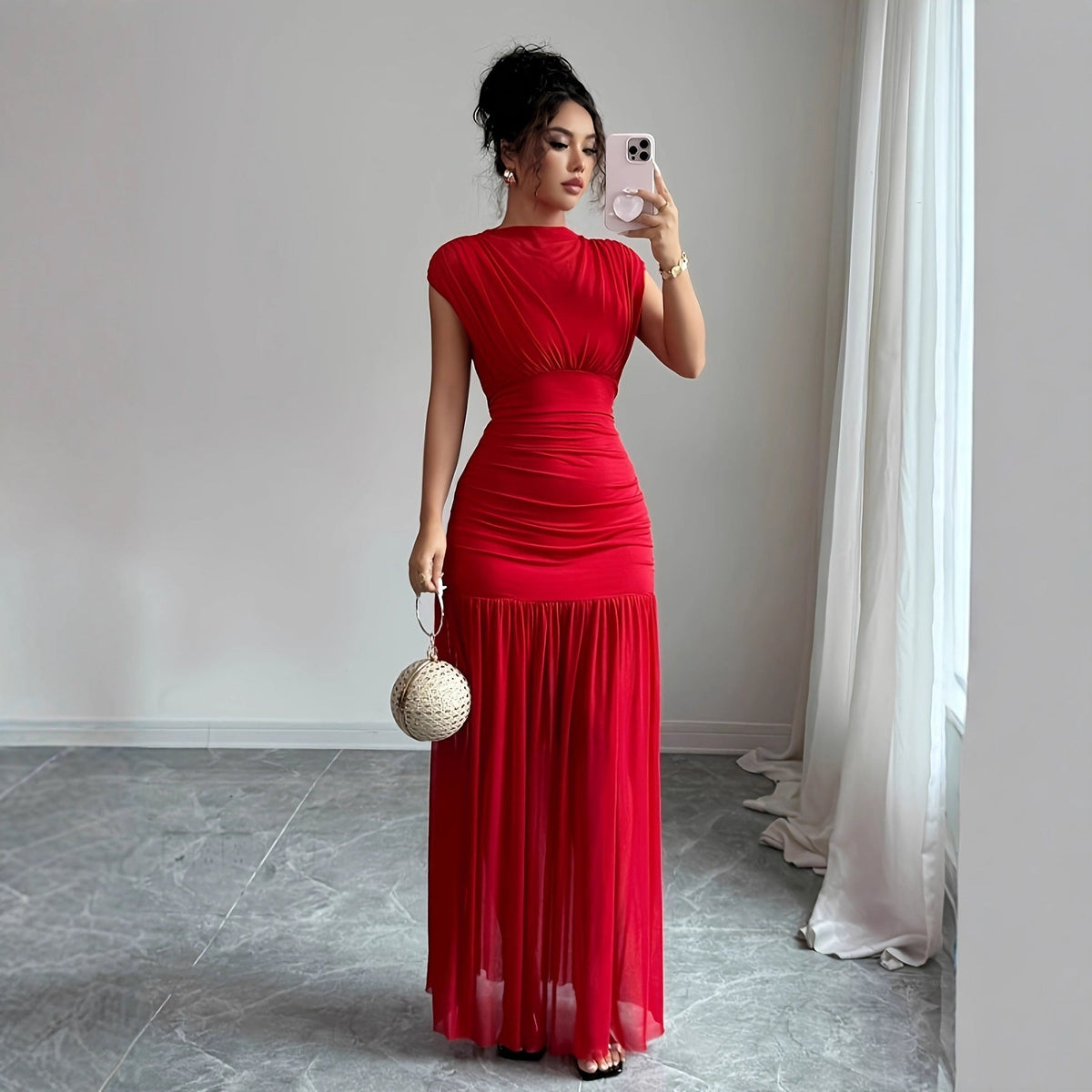 Women's Pleated Mesh Maxi Dress – High Neck Ruched Waist