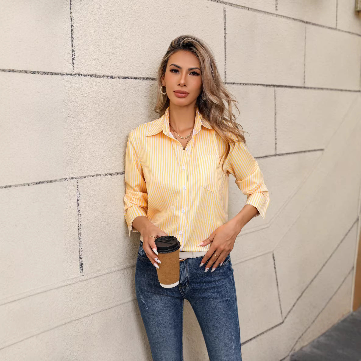 Women's Striped Button-Up Shirt – Contrast Cuff and Hem