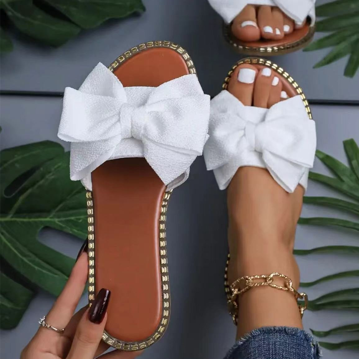 Women's Flat Mule Sandals – Bow Toe Band