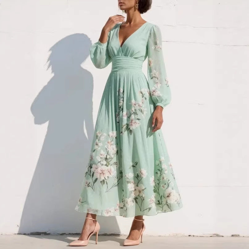 Women's Pleated Chiffon Maxi Dress – Long Sleeve Flared