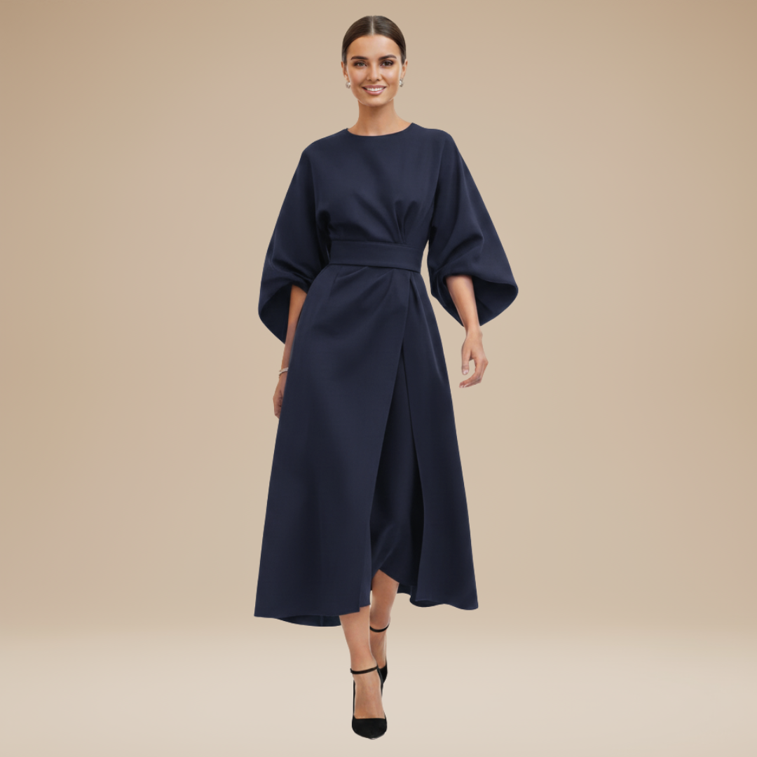 Women's Belted Wrap Midi Dress – Wide Flowing Sleeves