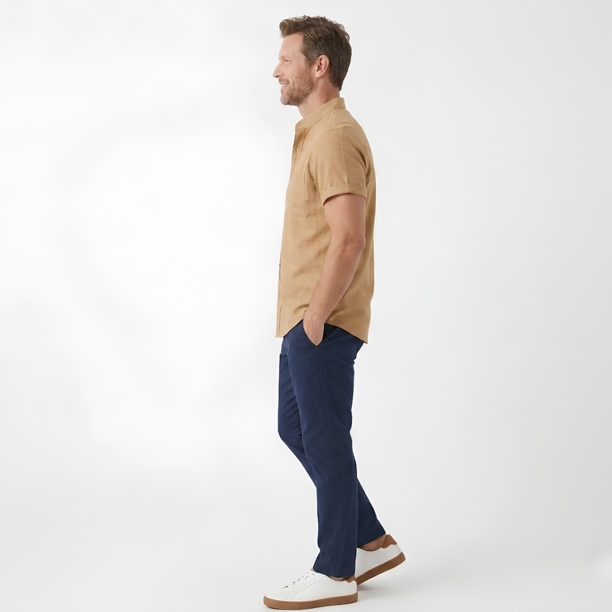 Men's Short-Sleeve Cotton-Linen Shirt – Mandarin Collar