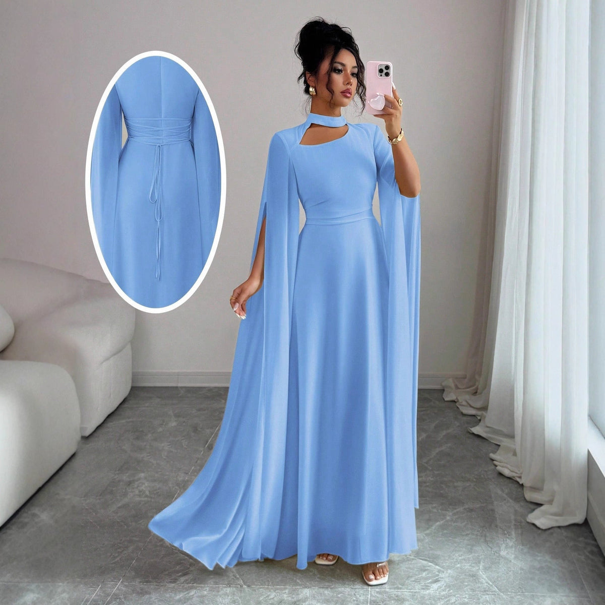 Women's Chiffon Maxi Dress – Cape Sleeve A-Line Gown